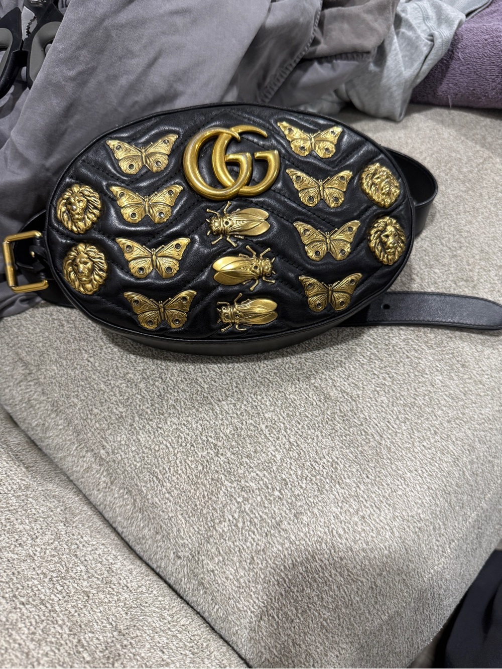 Gucci Black Leather Oval Belt Bag with Gold Animal Studs